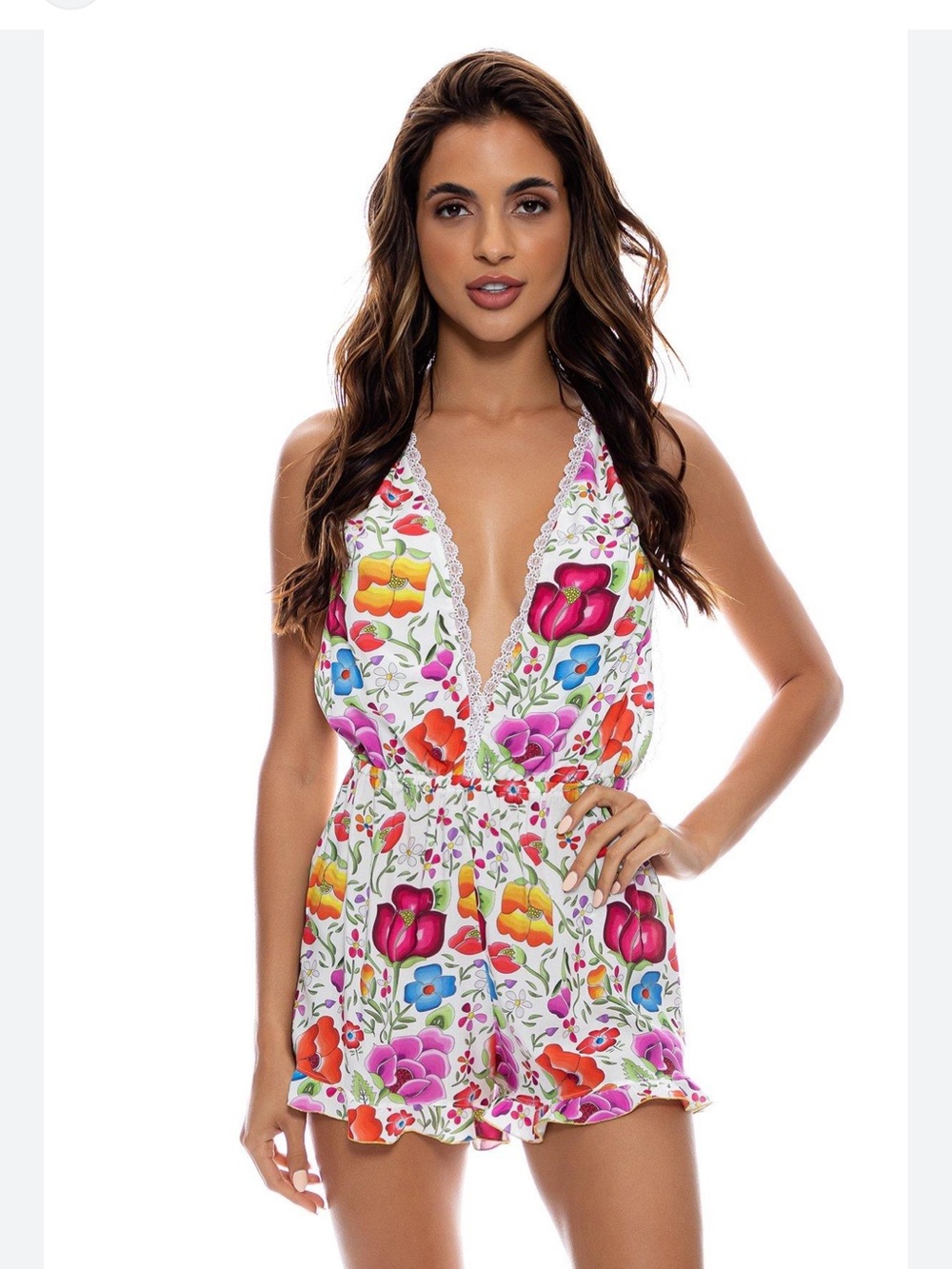 NWTLuli Fama White Floral Lace-Trim V-Neck Romper with Bright Multicolor Flowers